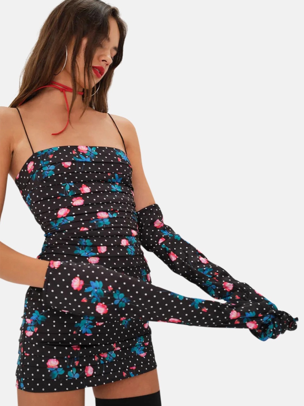 For Love And Lemons Posey Black Polka Dot Floral Mini Dress with Gloves - M
